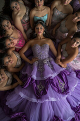 Naklejka premium Quinceanera princess surrounded by her damas and chambelanes in a formal photo session.