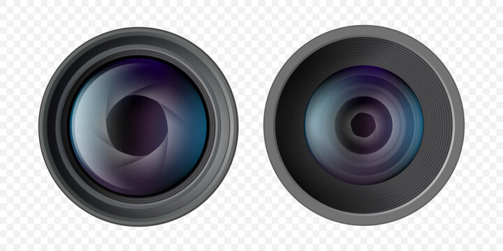 Camera lens mockup. Object isolated on transparent background. Stock vector illustration