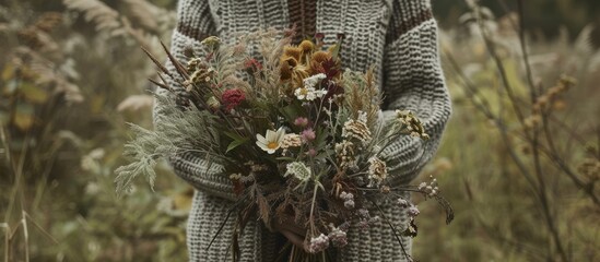 A woman wearing a knitted sweater stands in a field, holding a bouquet of dried flowers that include herbs and blossoms. The setting is natural and simple, with the focus on the woman and her unique