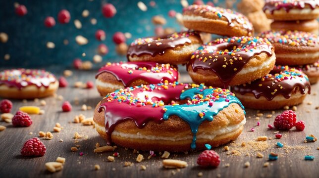 Flying donuts Mix of multicolored doughnuts with sprinkles