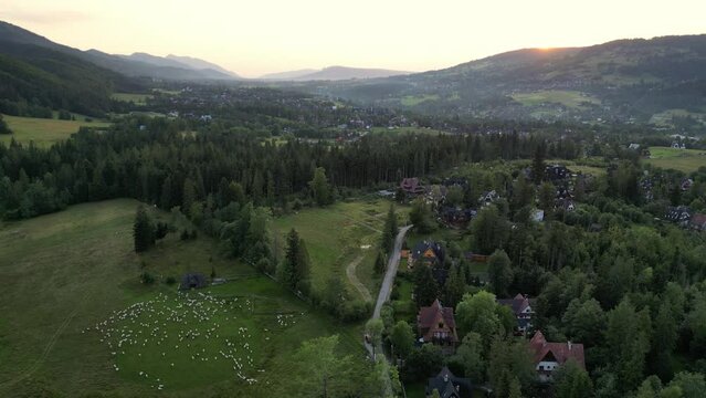 Aerial Swiss rural landscape in the morning Sunrise alpine village. Swiss meadow with green rolling hills and mountains at evening setting sunset. Cinematic footage of small country town