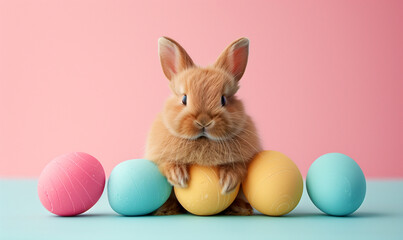 Fototapeta na wymiar Adorable Bunny with Pastel Colored Easter Eggs 