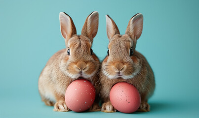 Fototapeta na wymiar Twin Bunnies with Easter Eggs on Blue Background 