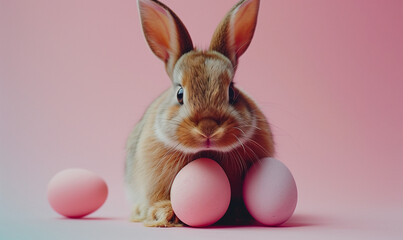 Naklejka na ściany i meble Easter Bunny with Pastel Eggs on Pink Background 