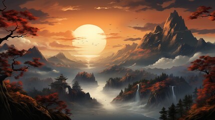 a mountain range with a sun rising behind it on top of it, classical romanticism, light amber and orange, nature-inspired, dream-like haze, long lens - obrazy, fototapety, plakaty
