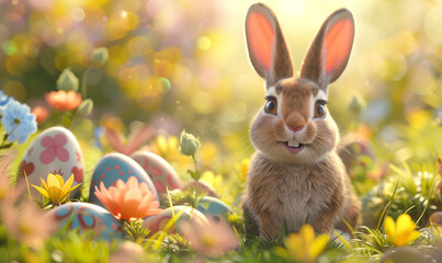 Fototapeta na wymiar Cartoon Bunny with Easter Eggs in a Sunny Meadow 