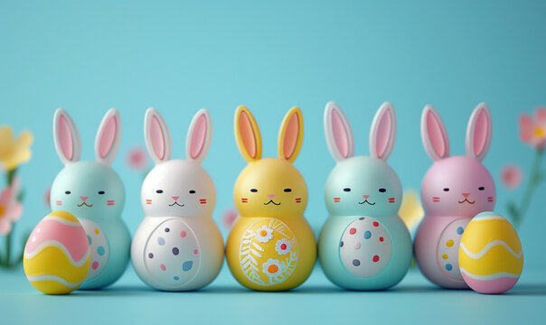 Colorful Easter Bunny Egg Decorations on Blue
