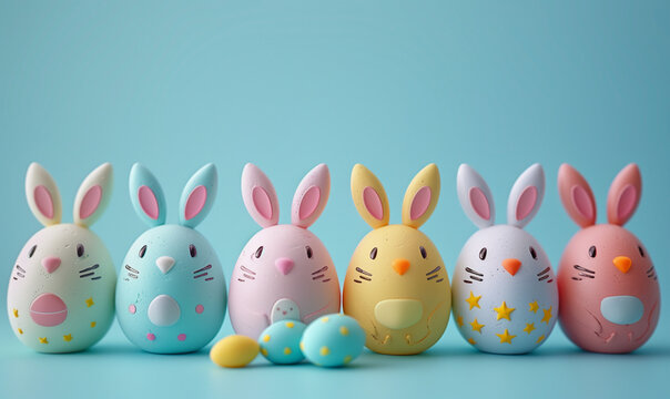 Colorful Easter Bunny Egg Decorations on Blue
