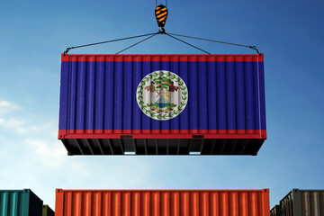 Belize trade cargo container hanging against clouds background