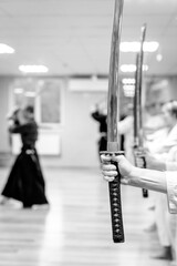 Black and white martial arts background with blur and silhouettes of people practicing with a...
