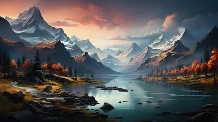 Foto op Aluminium a mountain range with fog, trees and a lake, in the style of style, richly colored skies, frostpunk, romanticized views, eye-catching © Smilego