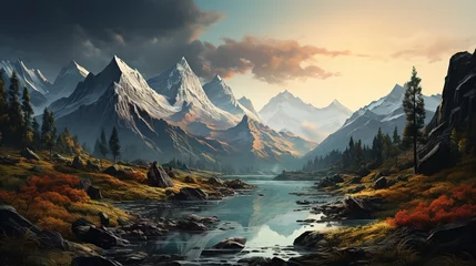 Foto op Plexiglas a mountain range with fog, trees and a lake, in the style of style, richly colored skies, frostpunk, romanticized views, eye-catching © Smilego