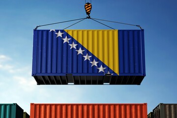 Bosnia and Herzegovina trade cargo container hanging against clouds background