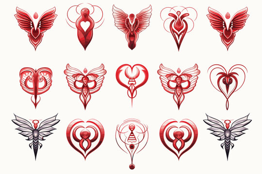 Heart tattoos with wings in retro style for heraldry or t-shirt design