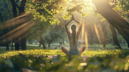 portrait of a woman doing yoga in the park, yoga, woman, meditation, meditating, exercise, park, nature, outdoors, relaxation, beauty, sitting, relax, fitness, people, health, lotus, lifestyle, health - obrazy, fototapety, plakaty