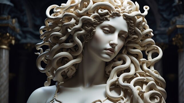 Close up of Marble statue of Medusa in temple 