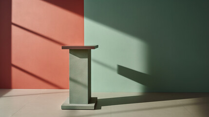 Pedestal in colorful room with shadows on the wall. Rich colored podium scene for product display.