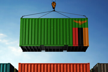 Zambia trade cargo container hanging against clouds background