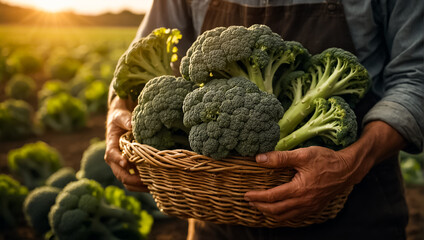 Farmer's hands holding basket with fresh broccoli harvest, field seasonal