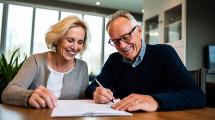 Close up of 60s husband and wife sit at desk sign health insurance contract close deal, smiling old mature couple spouses put signature on document make good agreement, elderly healthcare concept - obrazy, fototapety, plakaty