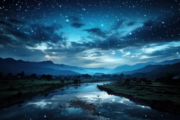 Keuken spatwand met foto a mountain with several stars flying in the sky, time-lapse photography and film, dark gray and sky-blue, 32k uhd, precisionist lines, classical landscapes © Smilego