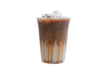 Iced caramel latte coffee on plastic glass isolated white background, summer drink concept