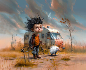 A boy walks his pet porcupine.