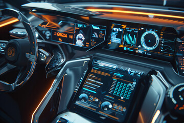 Futuristic Car Dashboard: Autonomous Driving Concept with HUD and Infotainment System. Generative AI.