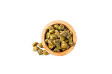 Fototapeta na wymiar Capers in a bowl isolated on a white background. Marinated caper buds, small salted capparis in bowl, fermented food, pickled capers group.Organic spices and seasonings.