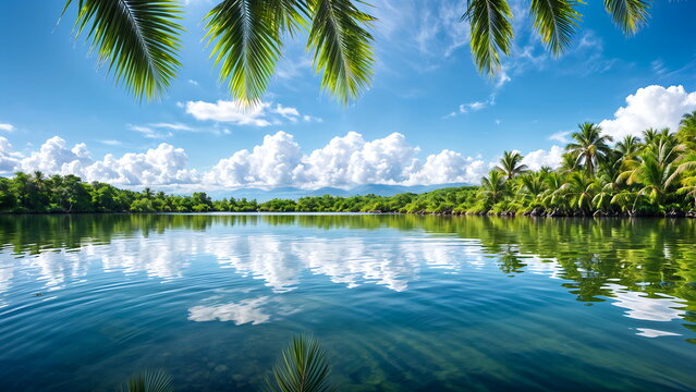 The serene and artistic scene features the reflection of palm leaves on the water.