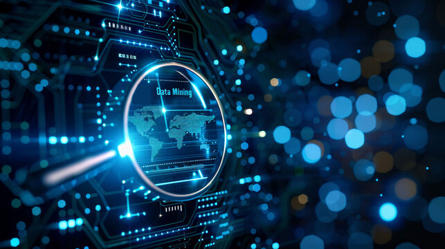 a high-tech illustration design featuring the words Data Mining seamlessly blends with an icon showcasing a magnifying glass zooming into interconnected data nodes. the process of data mining.
