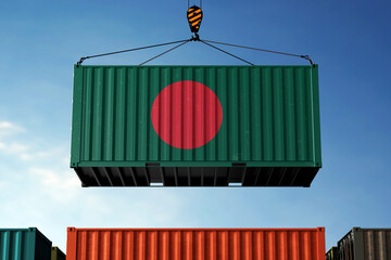 Bangladesh trade cargo container hanging against clouds background