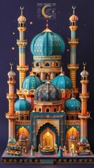 Fototapeta premium In vibrant 3D paper art, a radiant mosque under a gleaming moon blends Eastern and Western architecture intricately