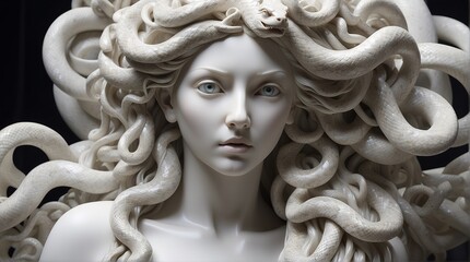 White marble sculpture of Medusa, close up