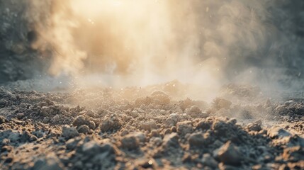 Mystic golden dust eruption on a desert horizon at dusk. Dust background