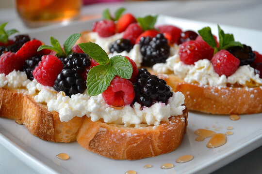 Breakfast setting with bruschetta topped with ricotta, honey, and berries