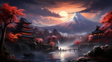 a pagoda and cherry blossoms in front, in the style of dazzling cityscapes, pretty, mesmerizing colorscapes