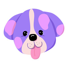 A purple and pink spotted cartoon puppy is smiling cutely with its tongue hanging out, head only shown.