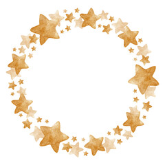 Watercolor wreath of Golden stars. Cute baby frame. Template for design kid's goods, clothes, textile, postcards, baby shower, wallpaper and children's room