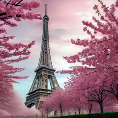 Pink cherry blossom with Eiffel Tower background