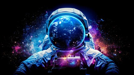Astronaut in a Spacesuit Floating in Outer Space, Surrounded by Stars Expanse. Visor Displaying Earth. Human Space Flight. Weightlessness and Zero Gravity. AI Generated - obrazy, fototapety, plakaty