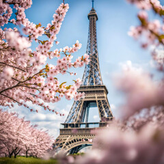 Pink cherry blossom trees with Eiffel Tower background in springtime 