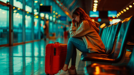 Solo traveler feeling stressed at airport. Young woman with luggage experiencing travel anxiety. Distressed female passenger waiting alone with suitcase.