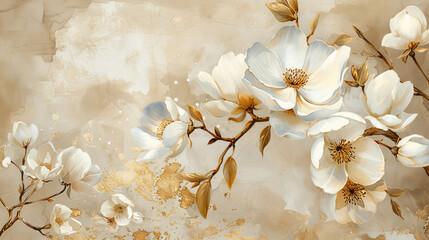 Watercolor spring magnolia blossom on beige background..
