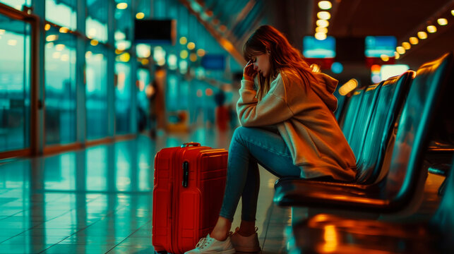 Solo traveler feeling stressed at airport. Young woman with luggage experiencing travel anxiety. Distressed female passenger waiting alone with suitcase.