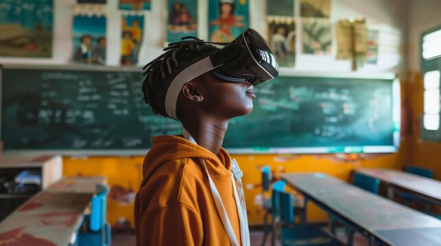 Young student exploring virtual reality in a classroom. African American boy in VR headset at school. Educational technology and innovative learning methods in action. - Powered by Adobe