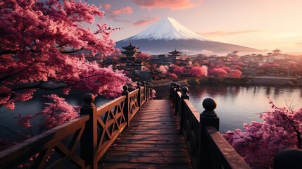 a pagoda is seen, in the style of dazzling cityscapes, cherry blossoms, light purple and emerald, terraced cityscapes, mesmerizing colorscapes, landscape mastery, romantic emotivity - obrazy, fototapety, plakaty