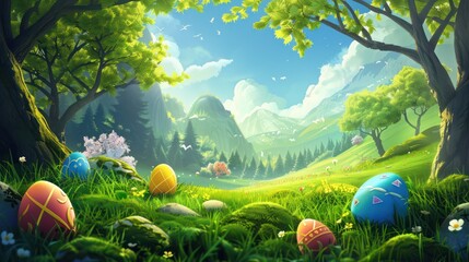 Cute cartoon anime-style Easter eggs tucked away in the grass. - obrazy, fototapety, plakaty
