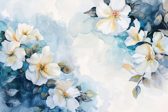 Watercolor white spring flowers on white and blue background..