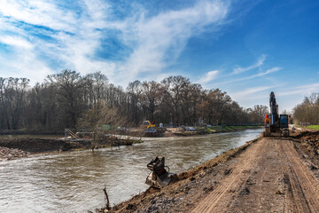 Renaturation work and connection of an oxbow lake, Nidda river in Frankfurt, Germany - 746652353